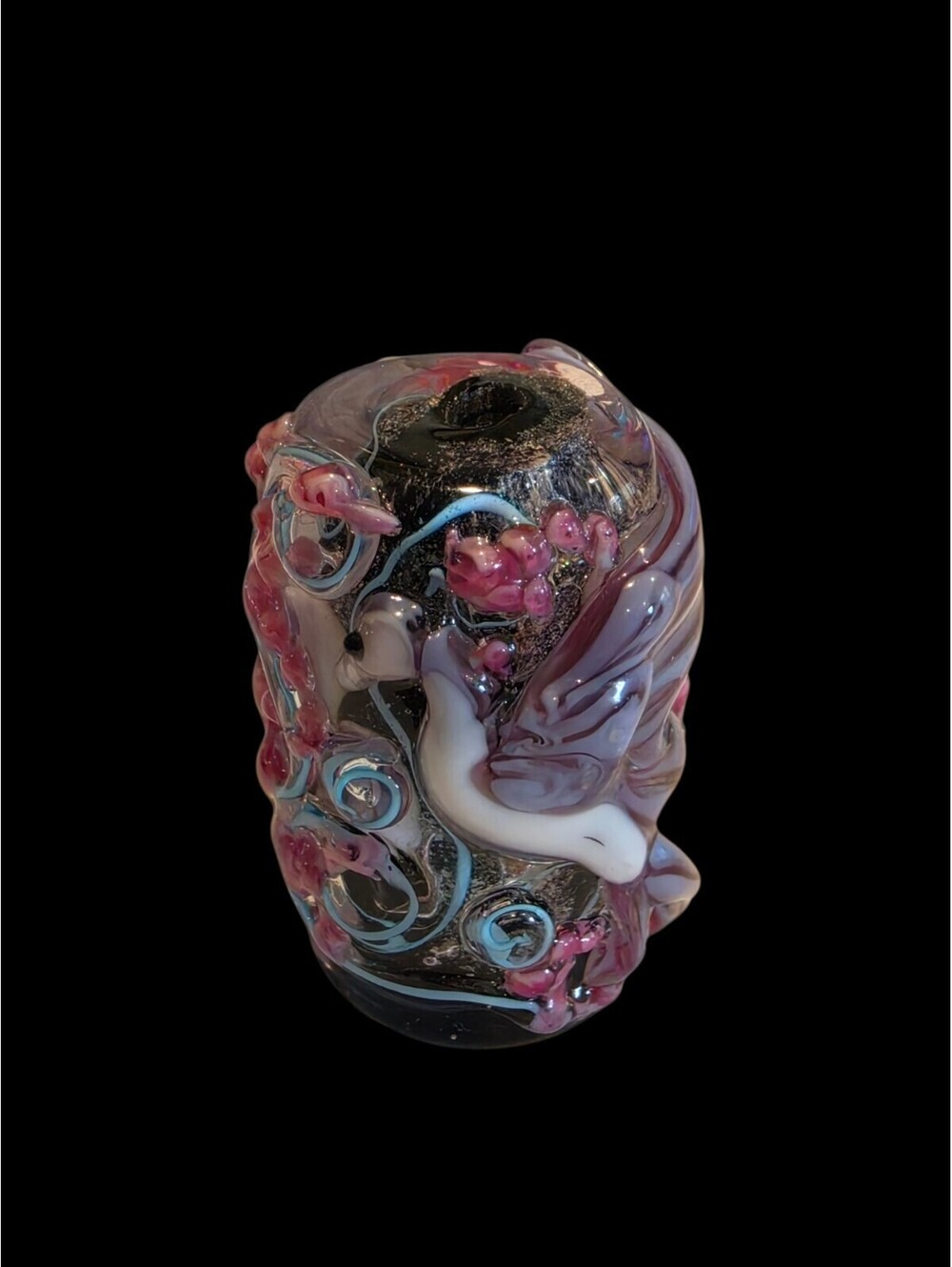 Handmade Lampwork Glass Bead Purple Floral Bird 3D Sculpted Focal Bead